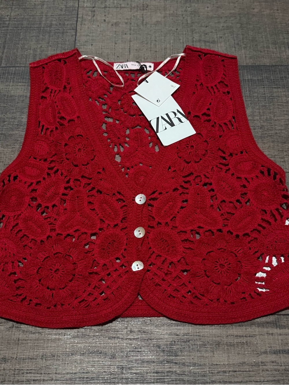 Zara Red Crochet Button-Front Crop Top